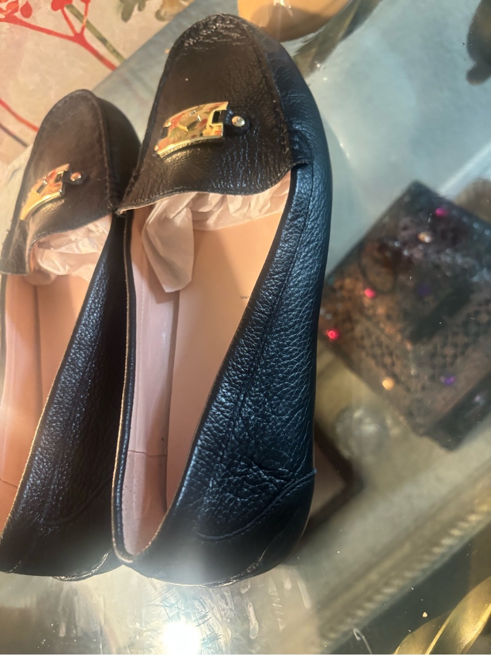 kate spade Black Leather Loafers with Gold Plaque Accent - Picture 6 of 7